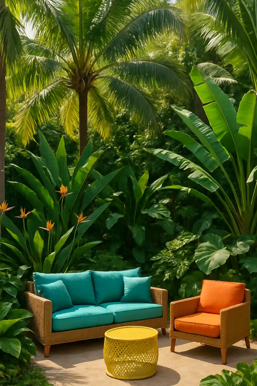 Tropical backyard with lush green plants