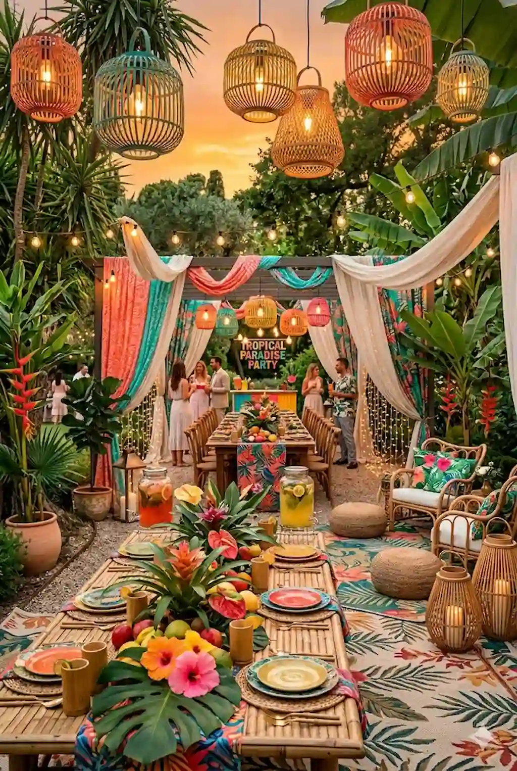 Tropical outdoor party with palm leaves and colorful decor