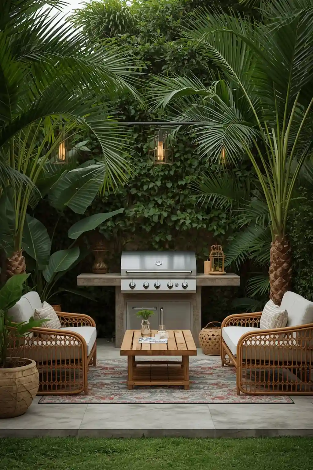 Tropical-style BBQ patio with palm plants, bamboo furniture, and resort-inspired decor