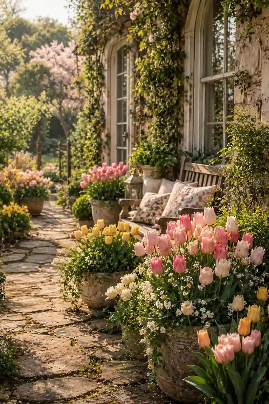 Bright spring tulip planters with soft pastel flowers and greenery