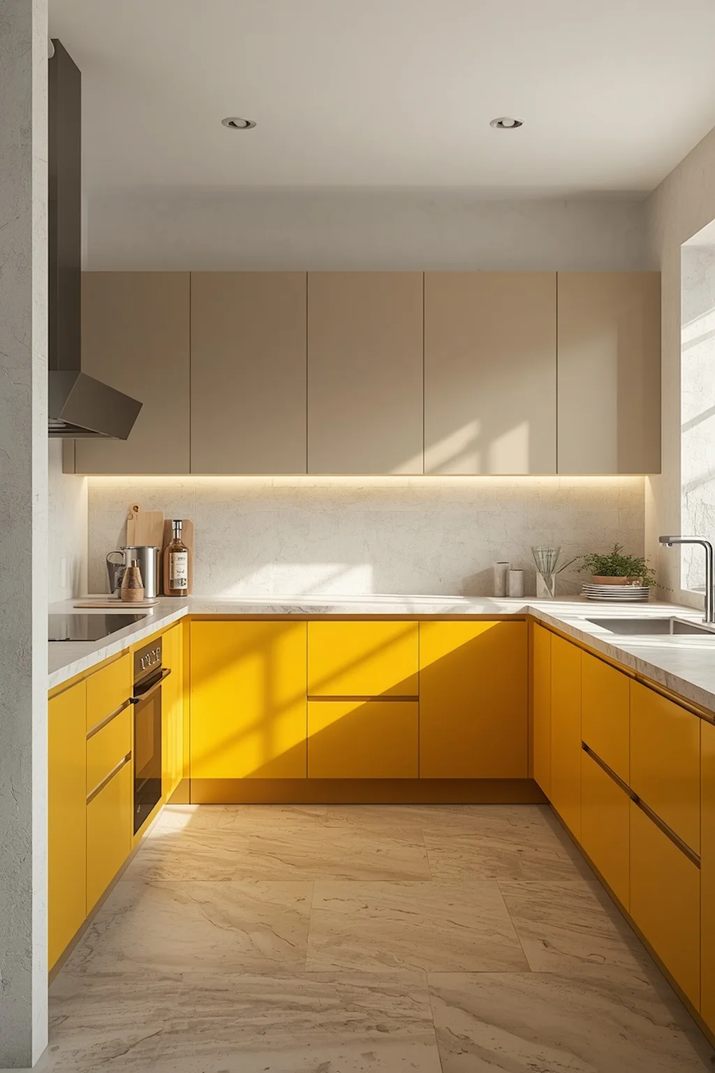 Contemporary two-tone kitchen with yellow base cabinets and neutral upper cabinets
