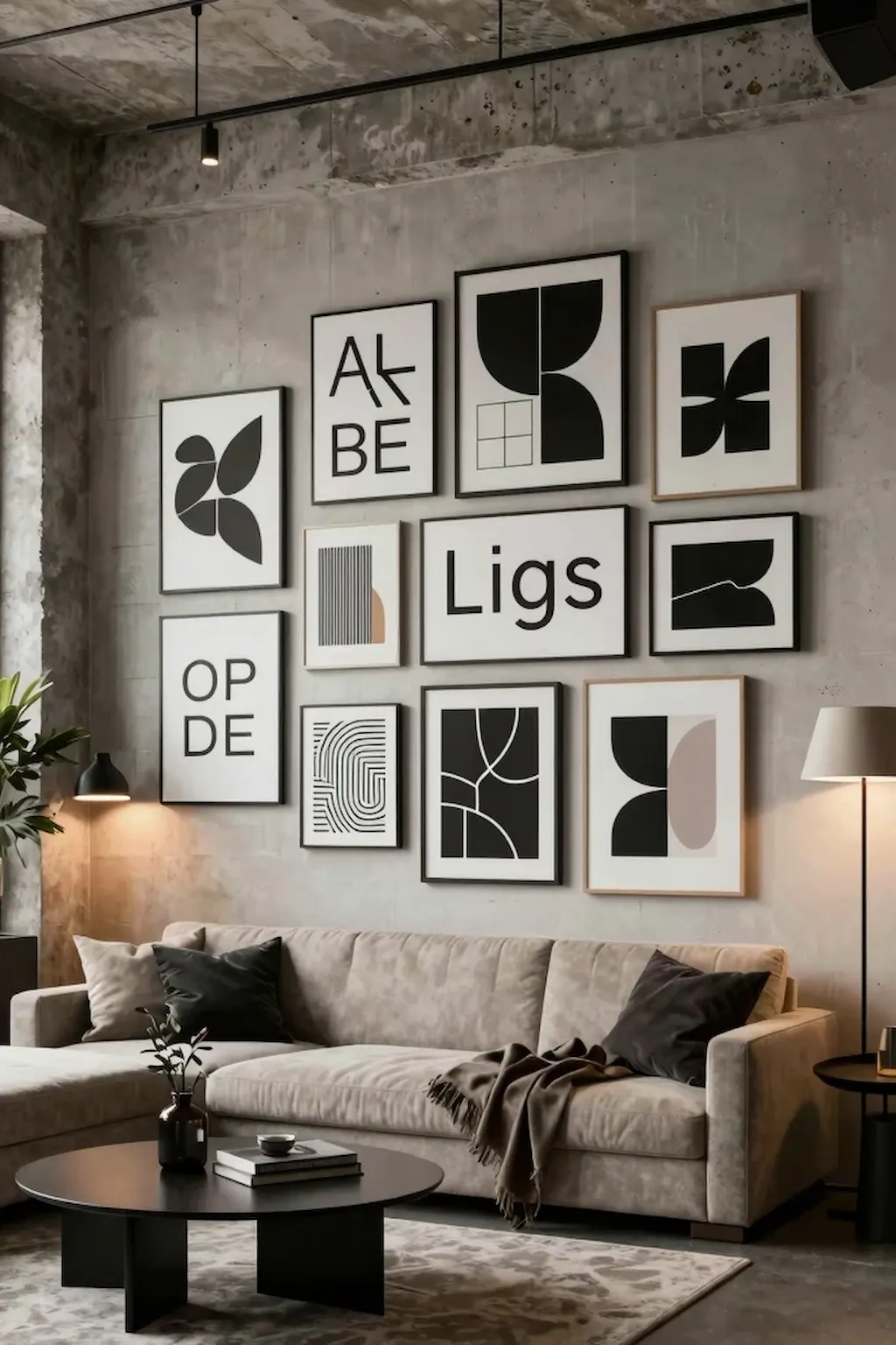 Modern gallery wall with typography prints and abstract artwork
