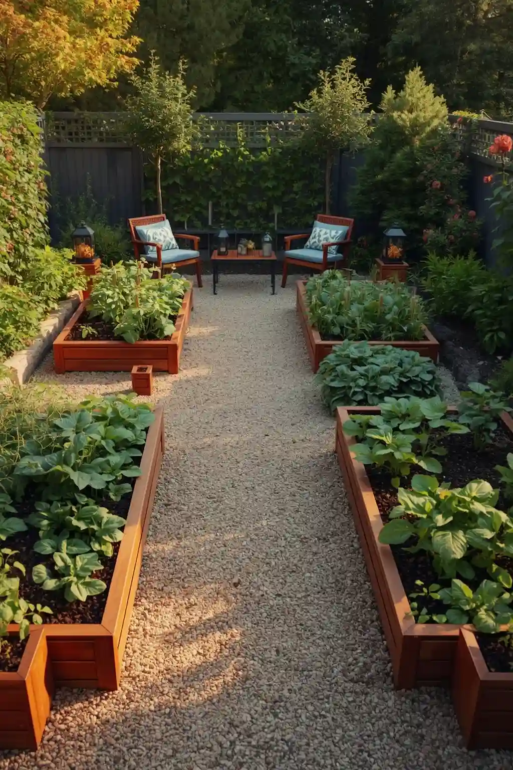 Organized U-shaped vegetable garden with raised beds