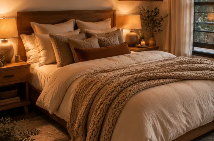 Luxurious cozy bedroom with layered bedding, warm lighting, plush textures, and elegant earth tone decor.