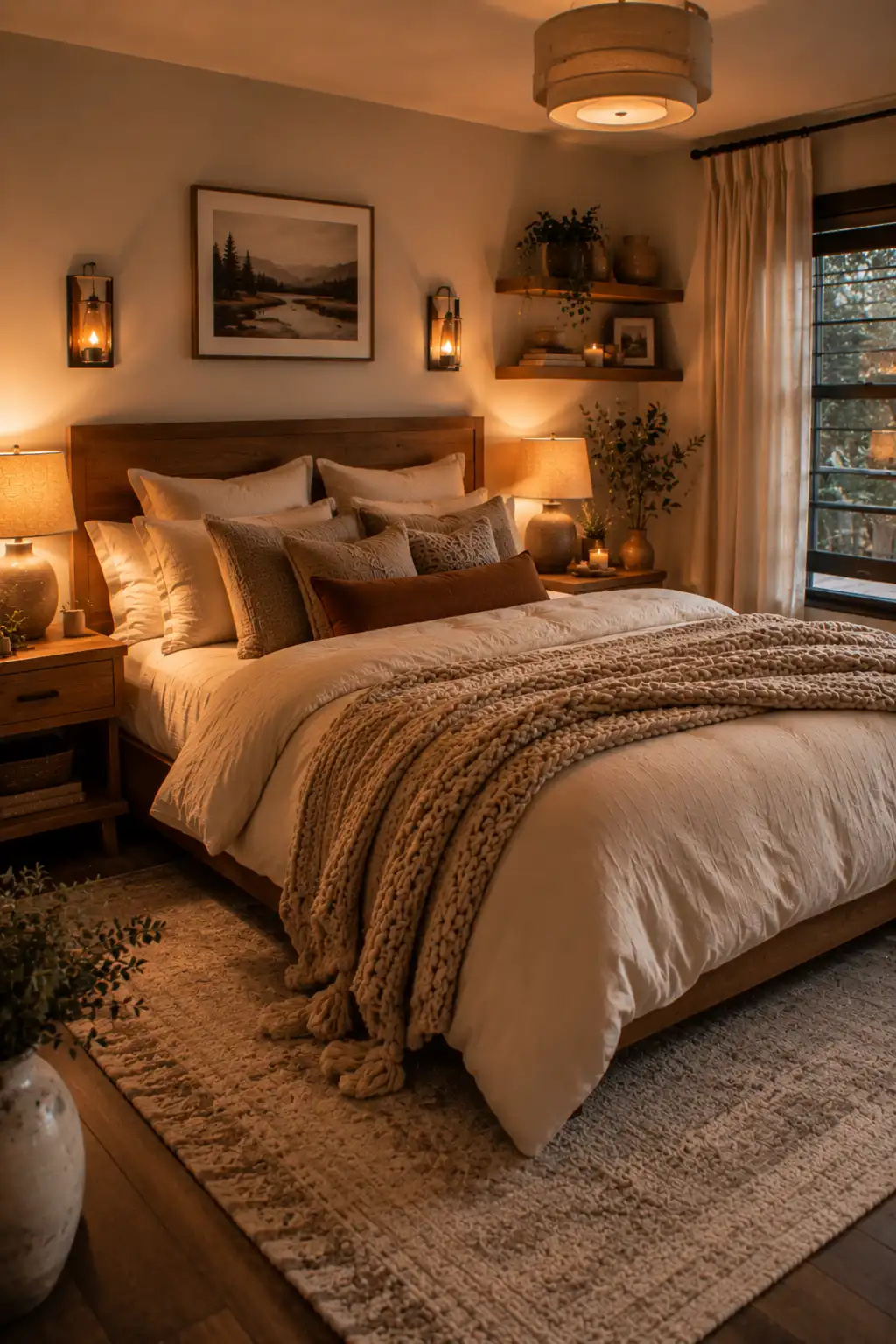 Luxurious cozy bedroom with layered bedding, warm lighting, plush textures, and elegant earth tone decor.