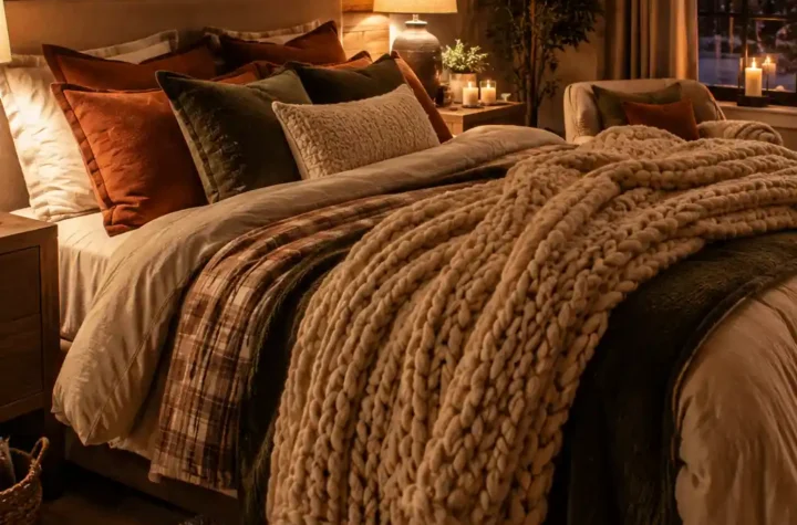 Warm cozy bedroom with layered bedding, ambient lighting, plush textures, and earthy decor accents.