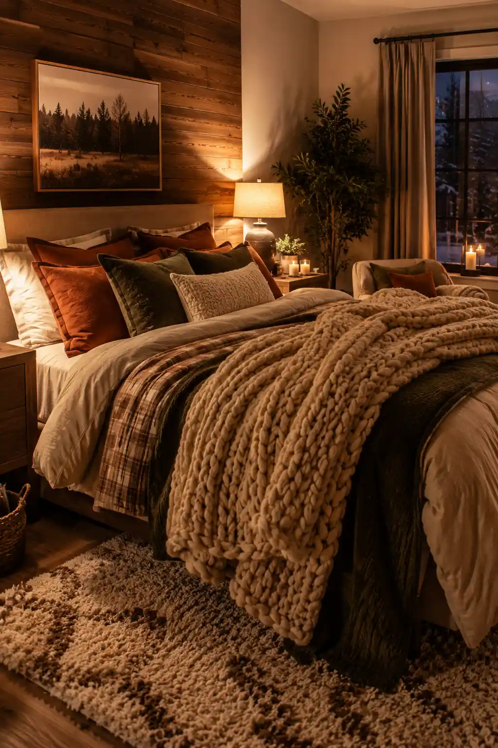 Warm cozy bedroom with layered bedding, ambient lighting, plush textures, and earthy decor accents.
