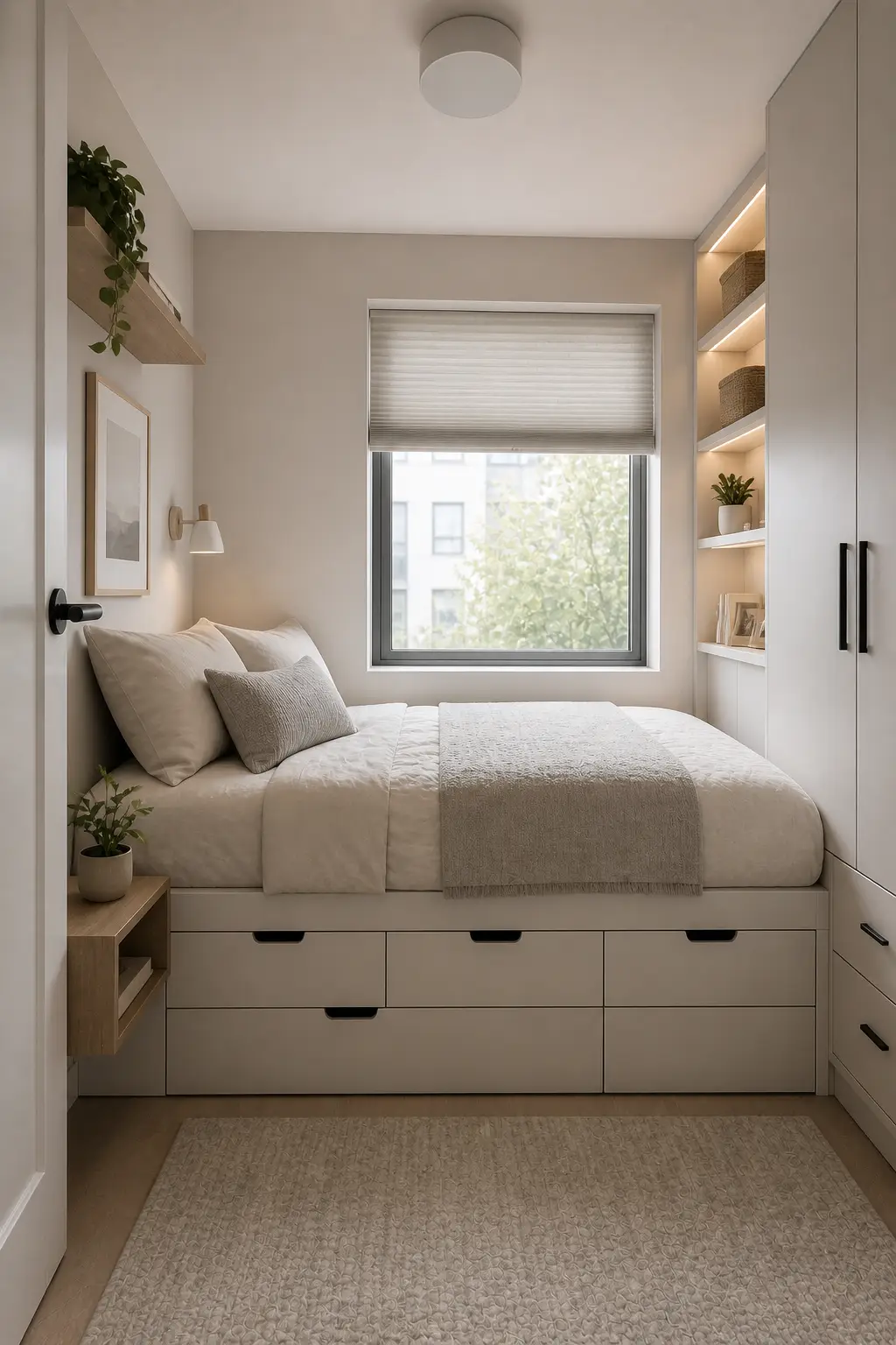 Bed with storage drawers in a small bedroom