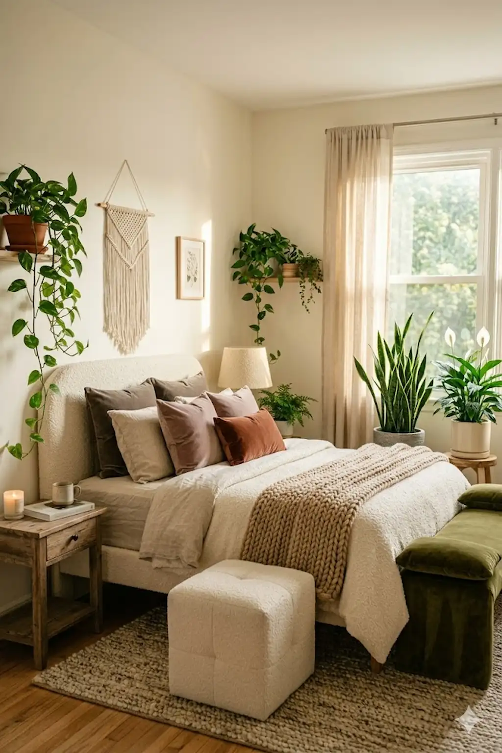 Elegant cozy bedroom with upholstered furniture and soft textured decor.