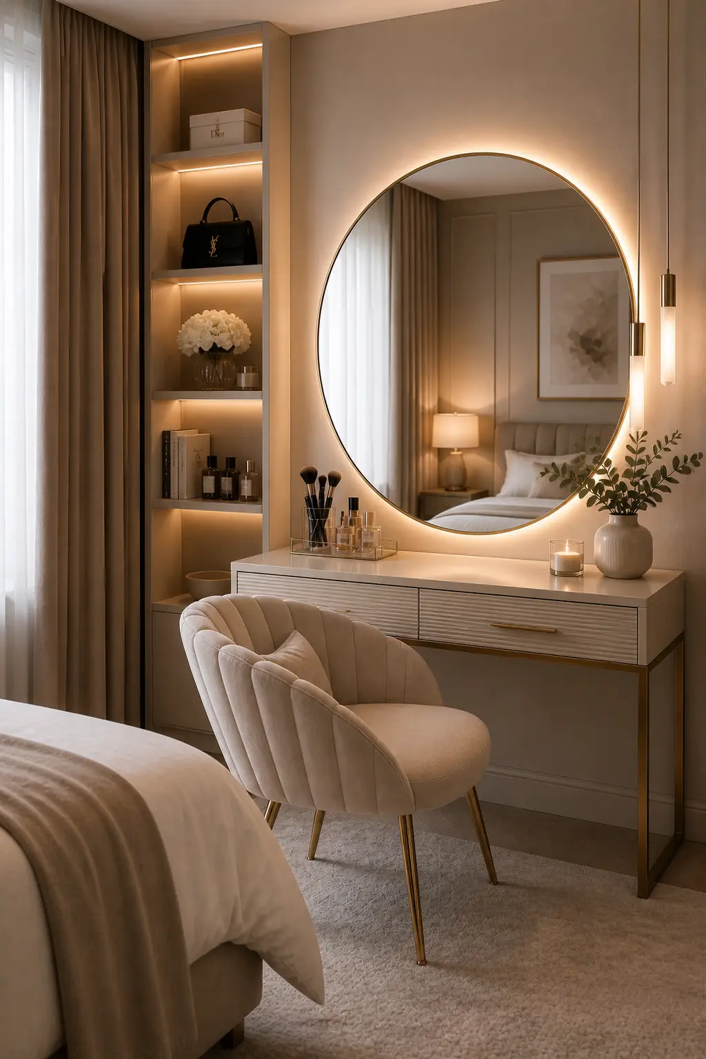Vanity setup with a stylish chair