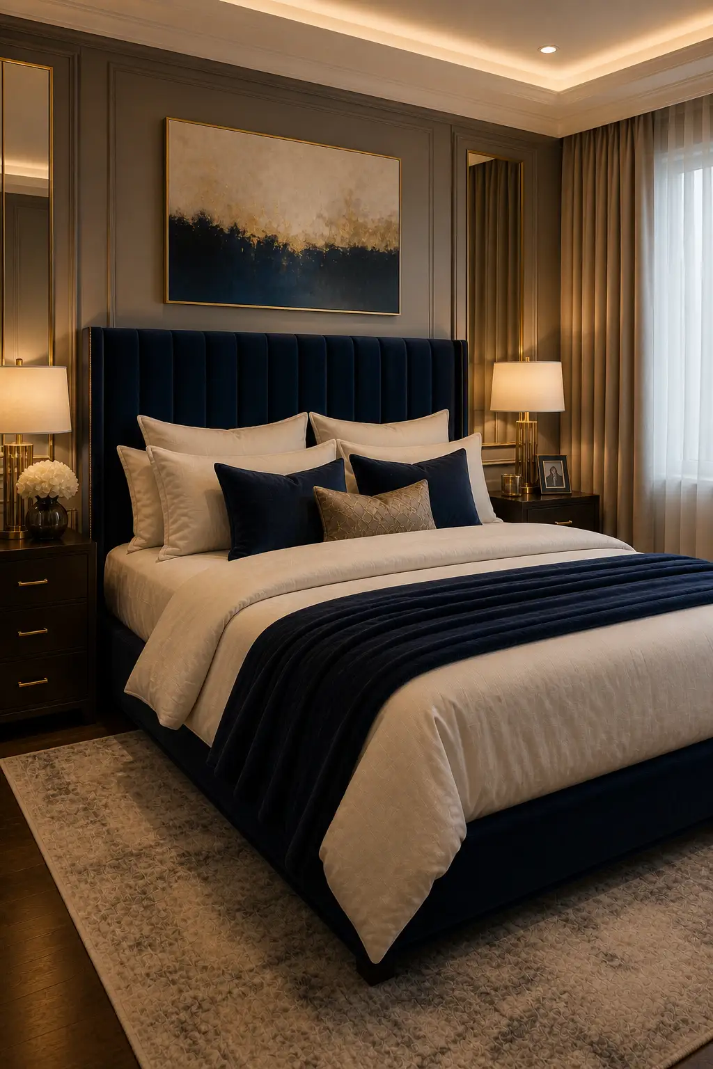 Bedroom featuring a velvet navy blue headboard