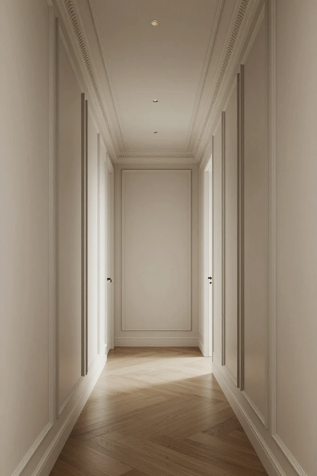 Small hallway with decorative vertical wall paneling