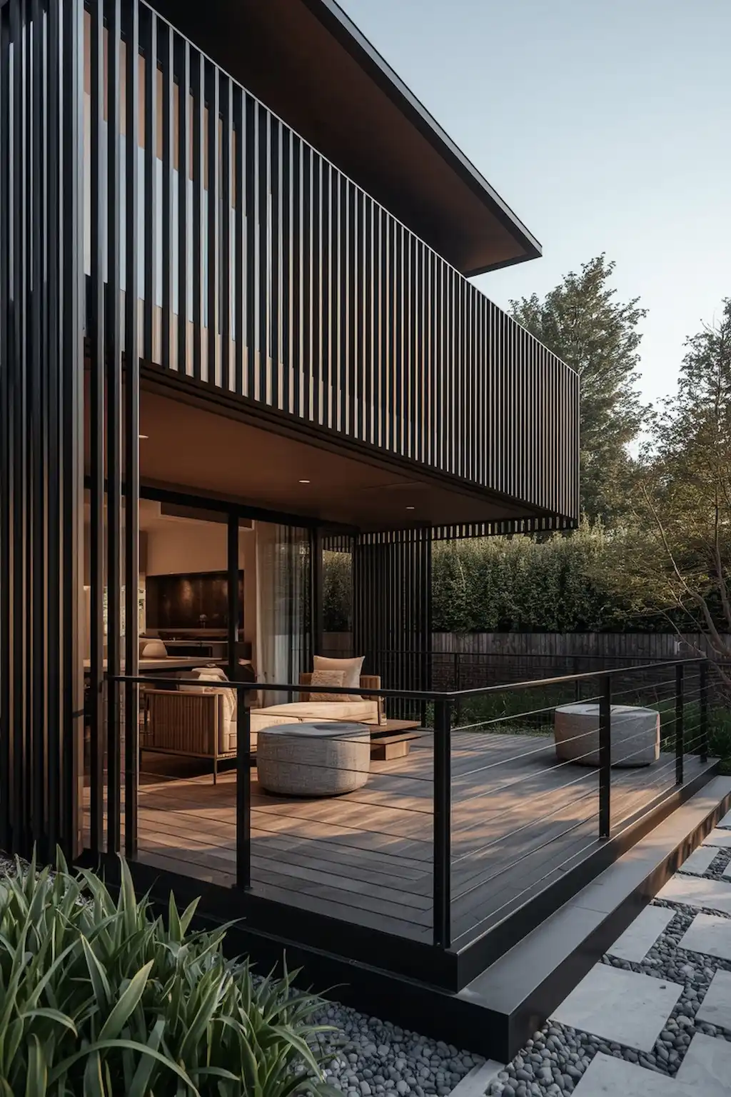 Modern deck with black vertical slat railing design