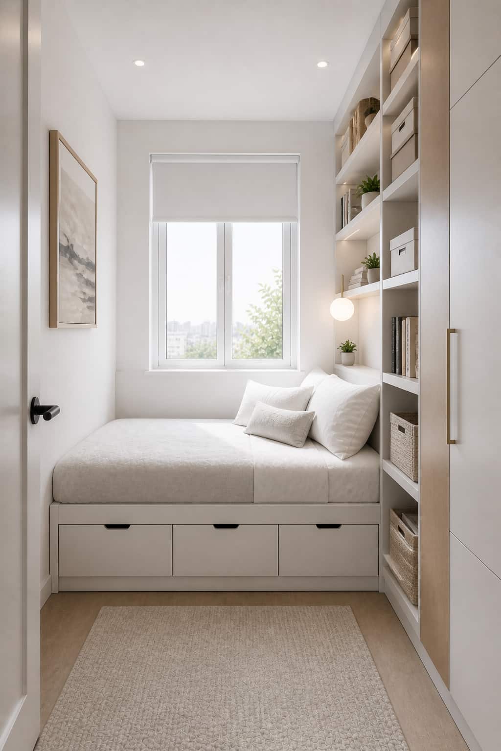 Small bedroom with tall vertical storage