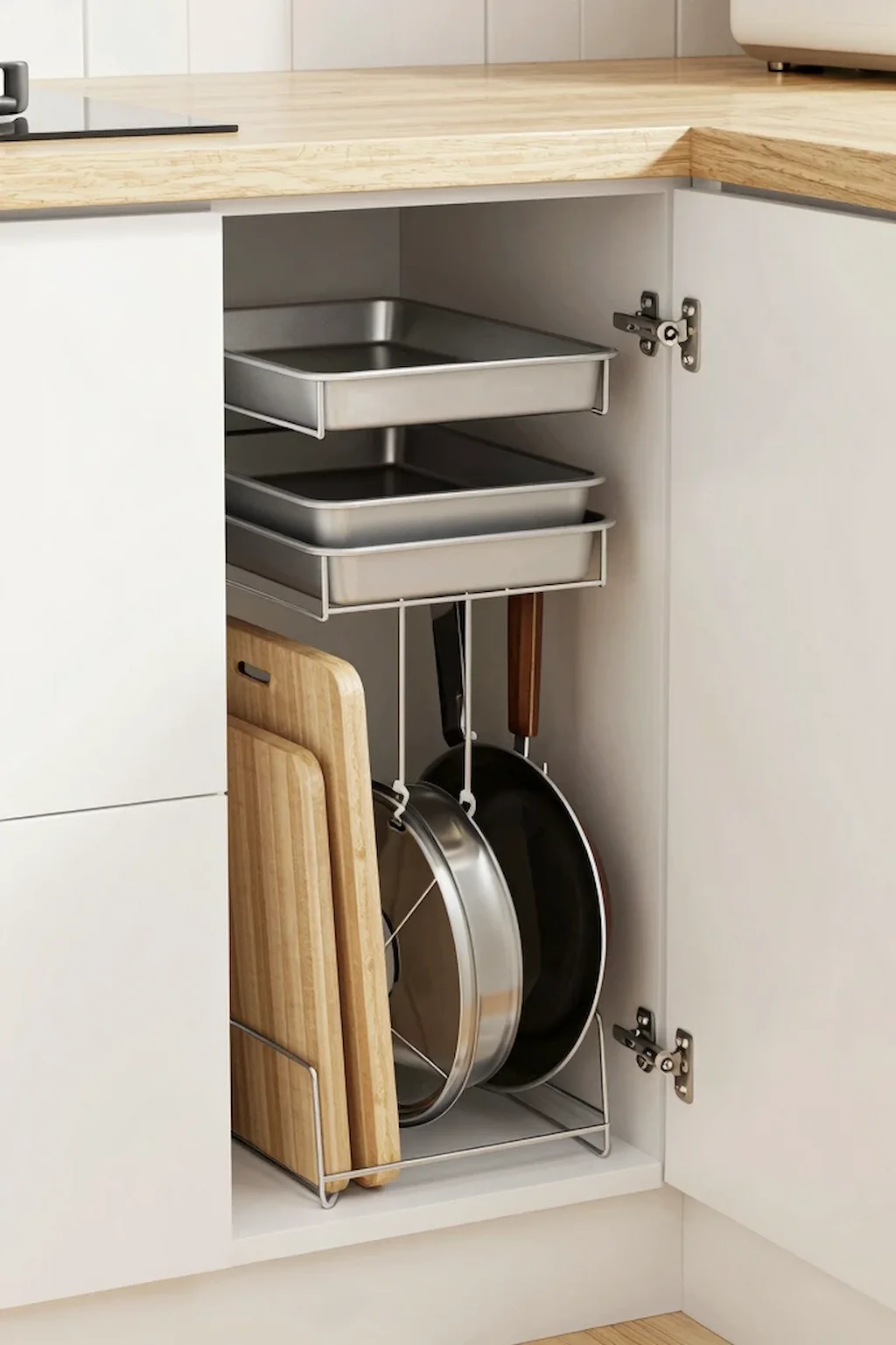Vertical kitchen cabinet storage for trays cutting boards and pans
