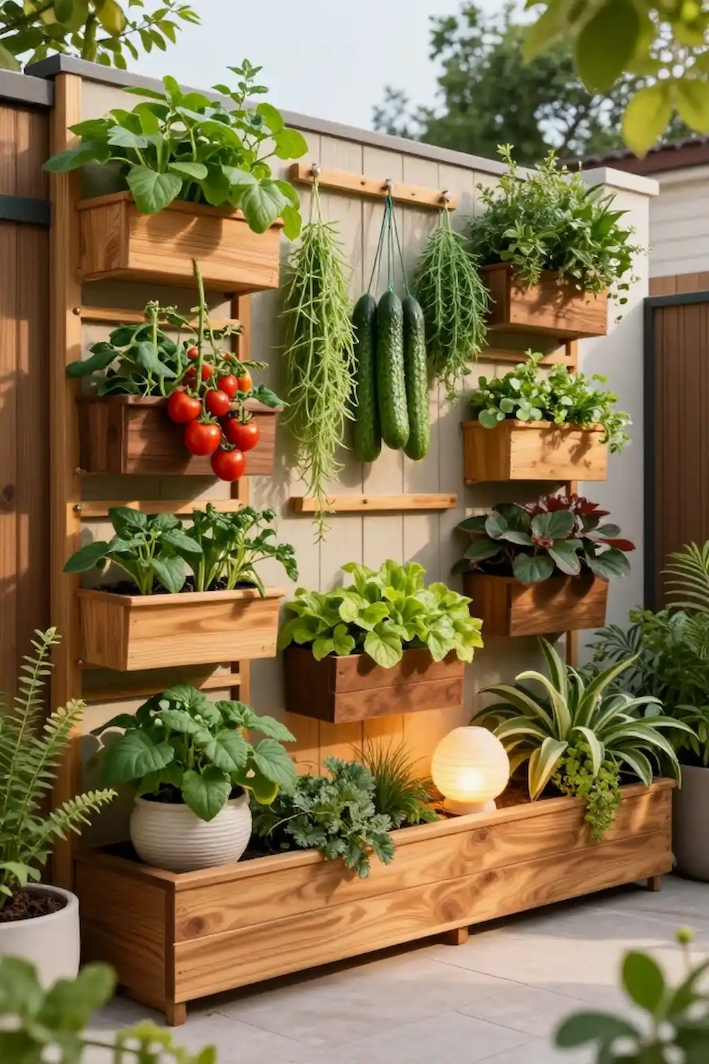 Stylish vertical vegetable garden with wall planters and greenery