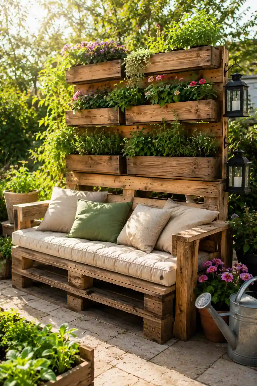 Vertical pallet garden bench with flowers and built-in planters