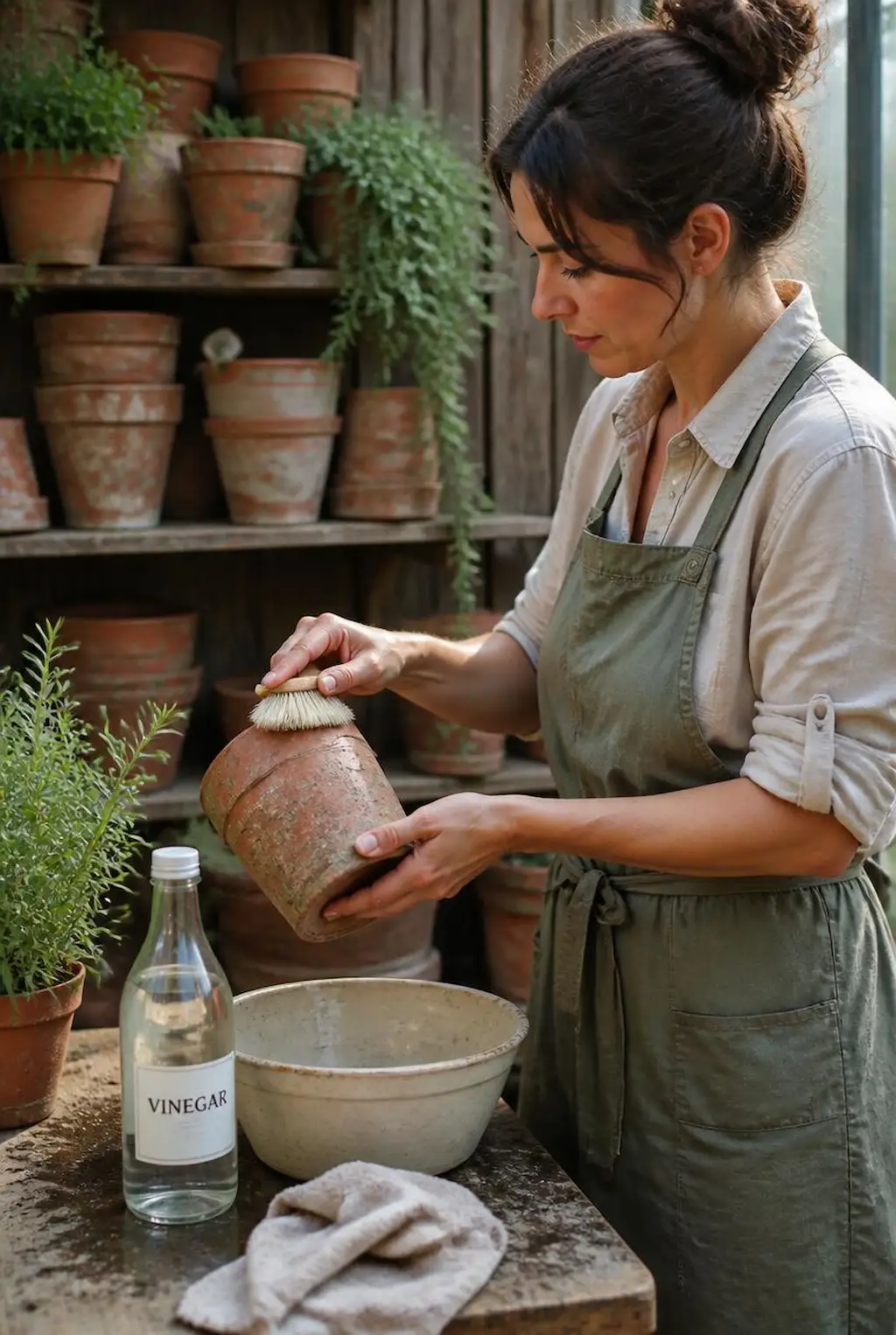 Clay garden pots being cleaned with vinegar and water solution