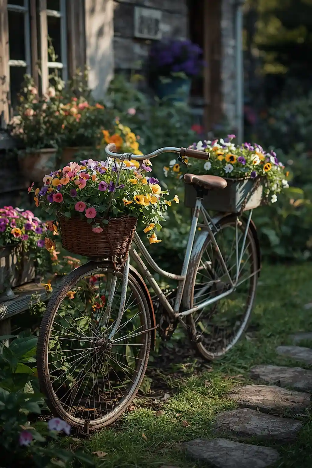 Rustic bicycle decorated with flower baskets in a charming cottage garden
