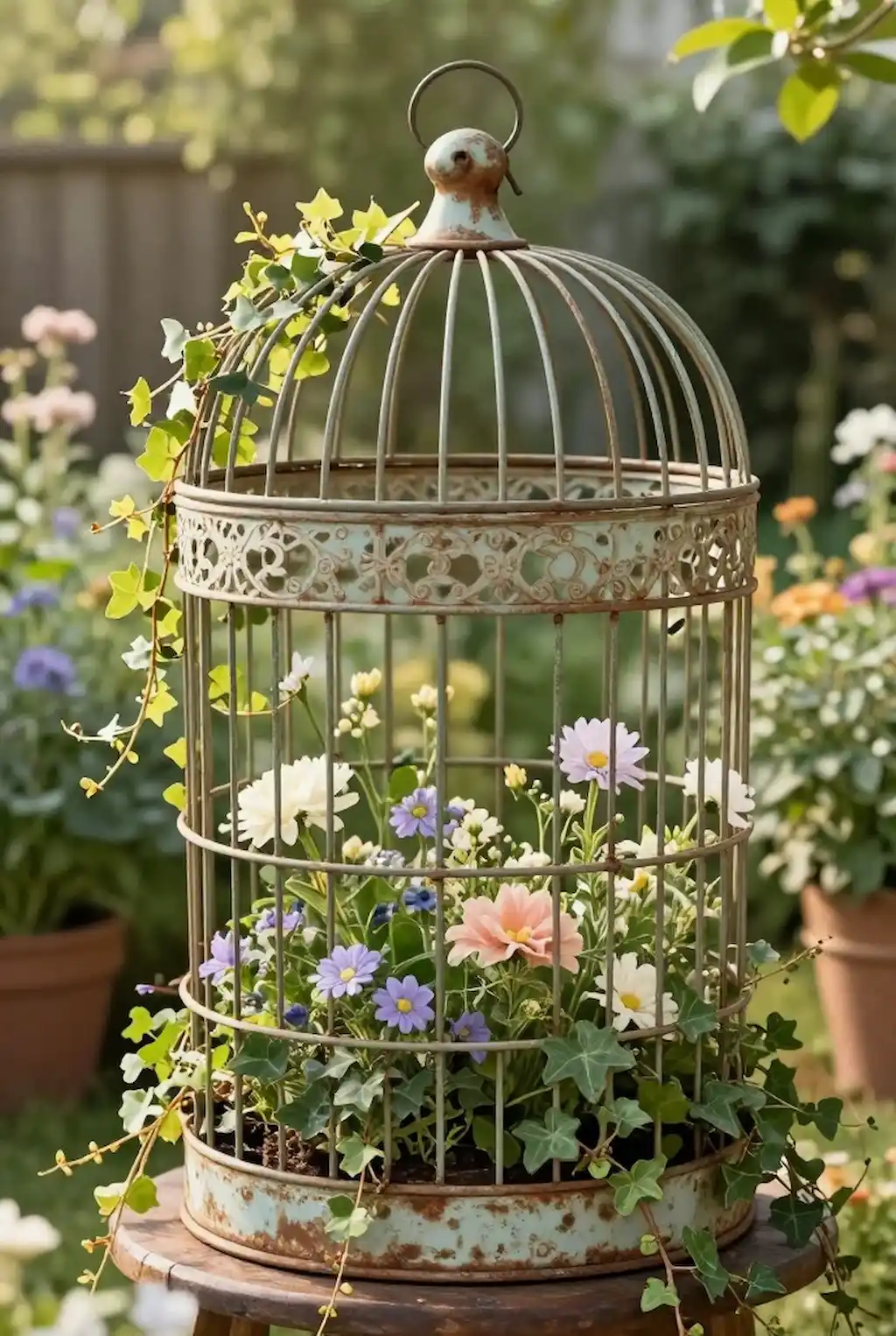 Rustic birdcage planter filled with flowers and trailing greenery