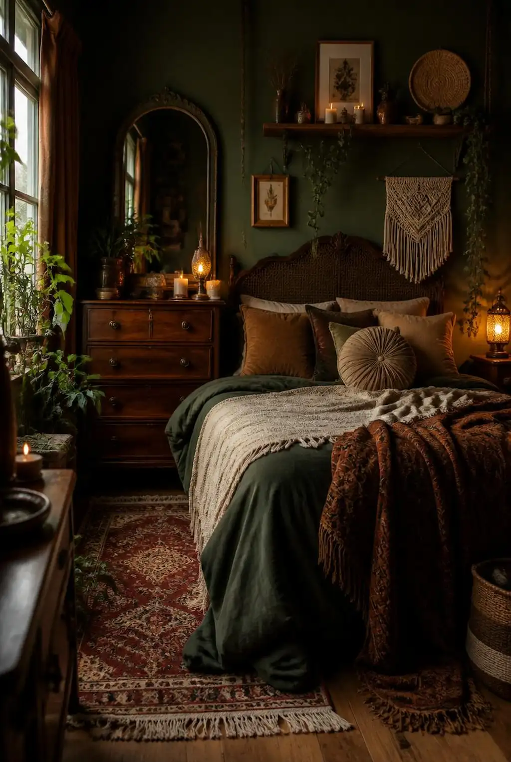 Vintage-style boho bedroom with moody and artistic decor