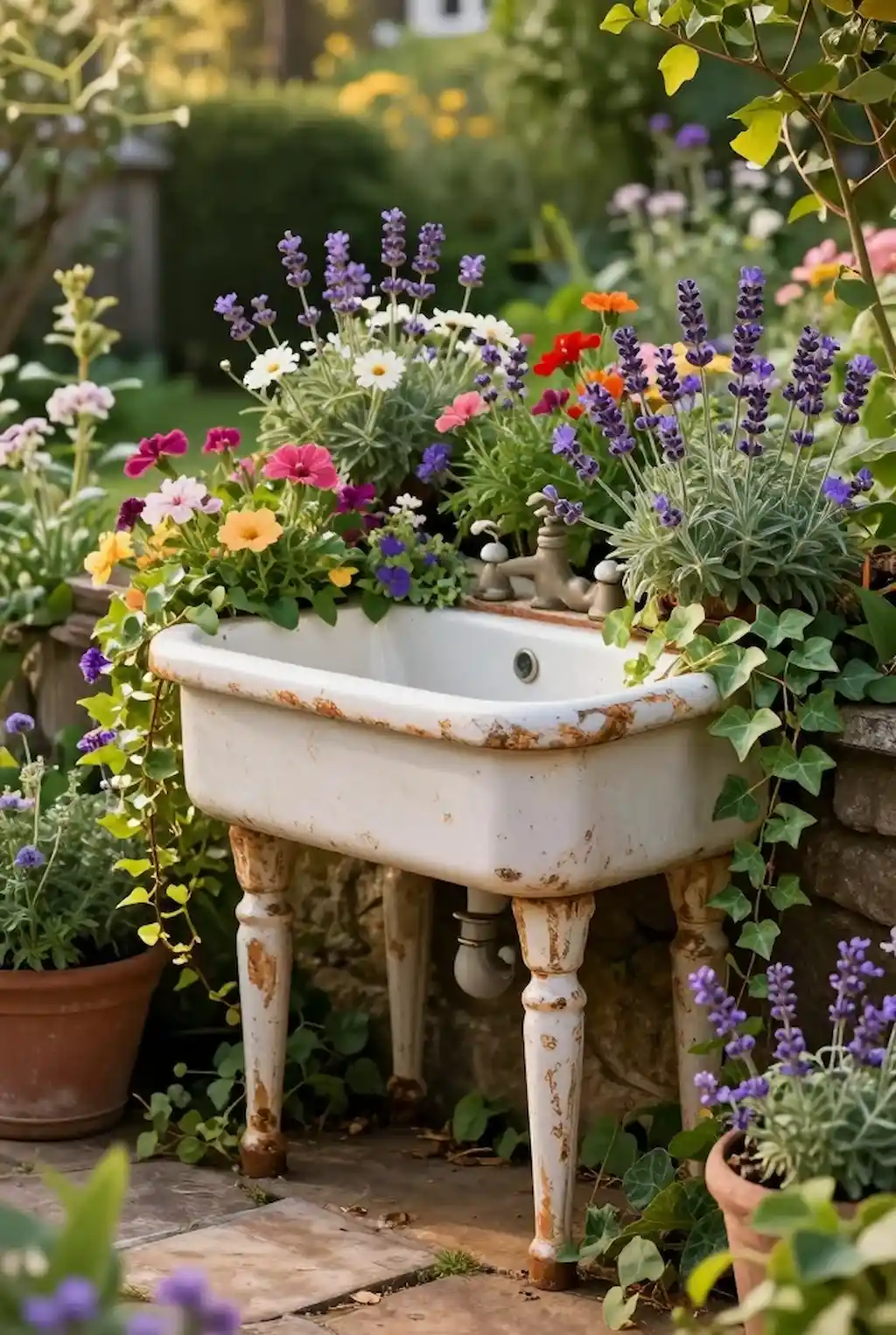 Antique farmhouse sink transformed into a rustic flower planter in a cozy garden