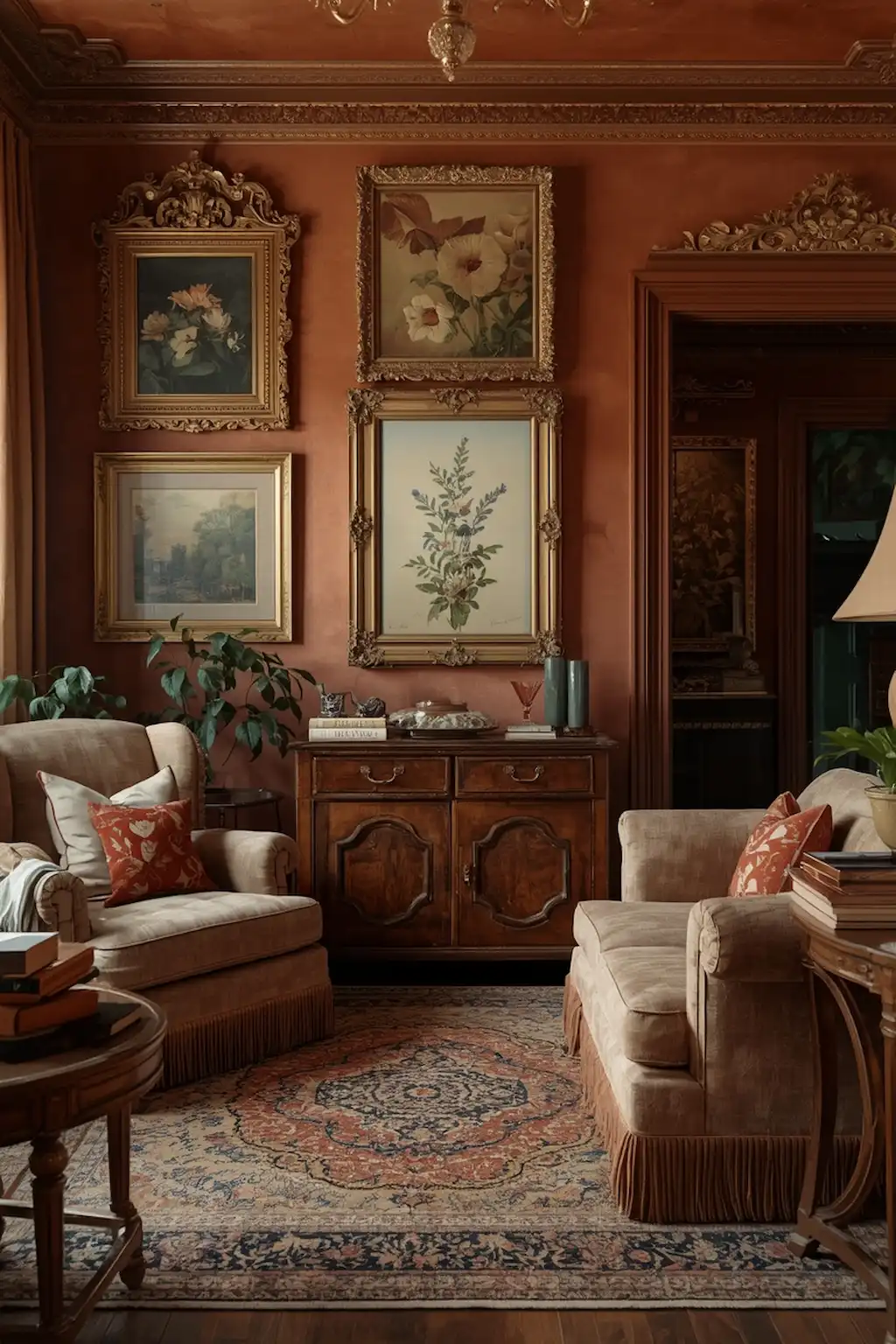 Vintage-inspired gallery wall with antique artwork and cozy decor