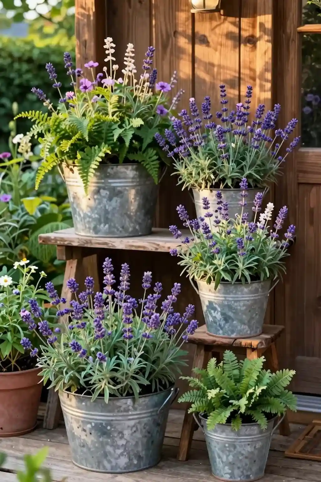 Galvanized metal bucket planters filled with lavender and wildflowers