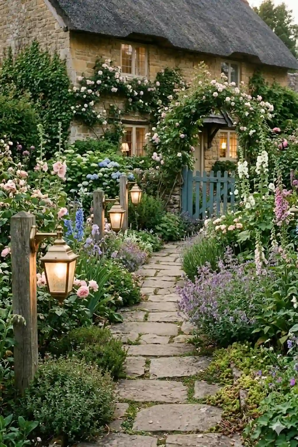 Traditional garden featuring vintage-style outdoor lamps and classic landscaping