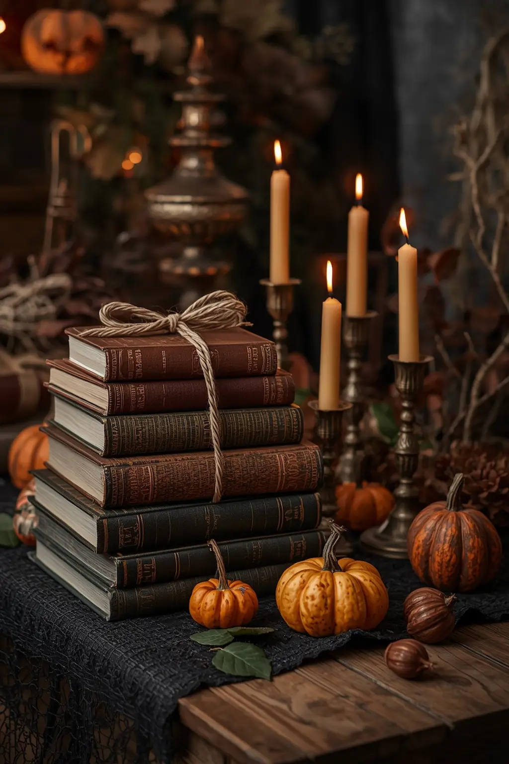 Vintage Halloween display with old books and candles