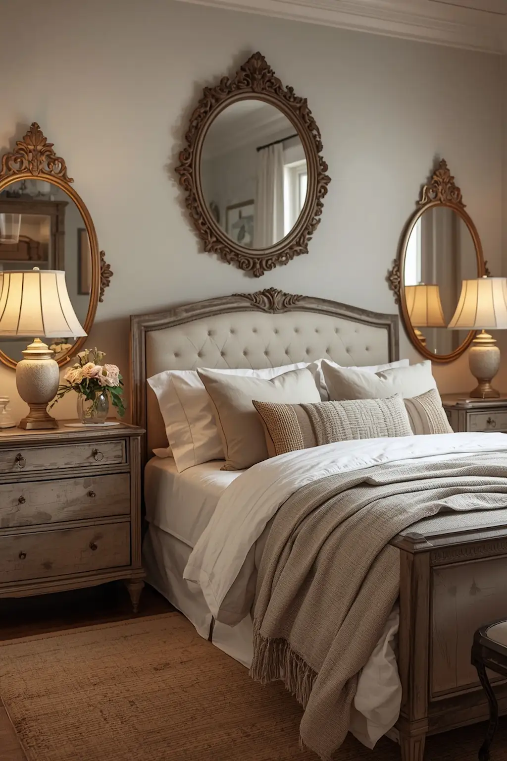 Cozy bedroom mixing vintage decor with modern warm interior styling.