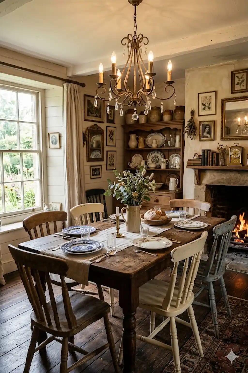 Rustic dining room with antique furniture, mismatched chairs, vintage lighting, and collected decor