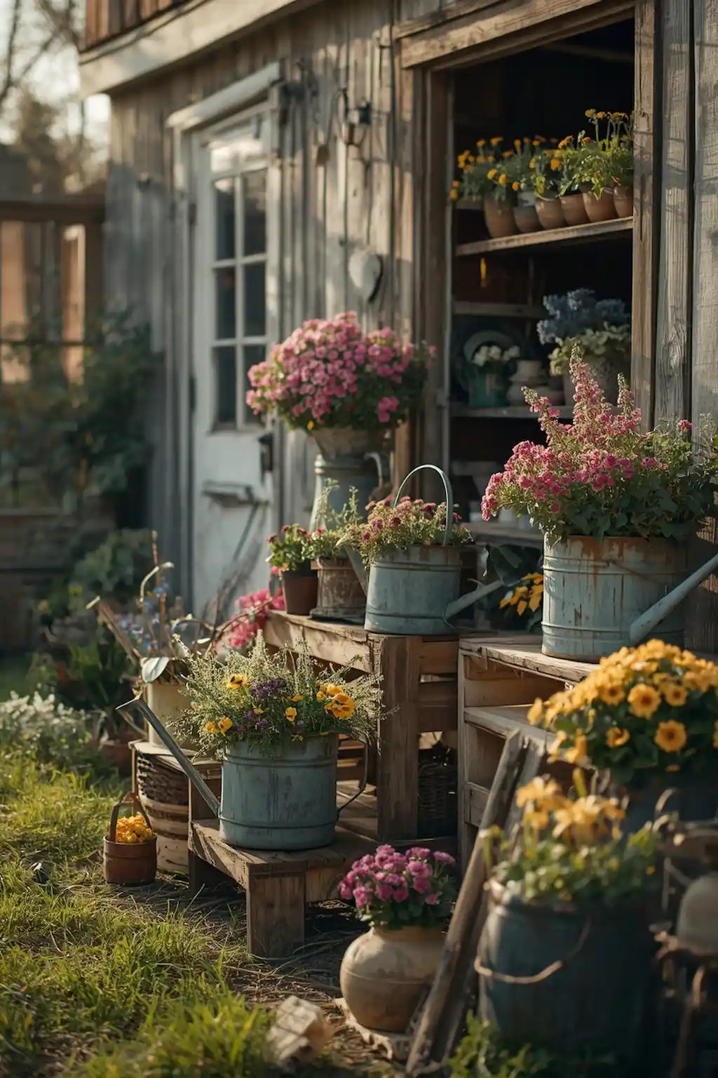 Vintage watering cans and crates used as spring flower planters