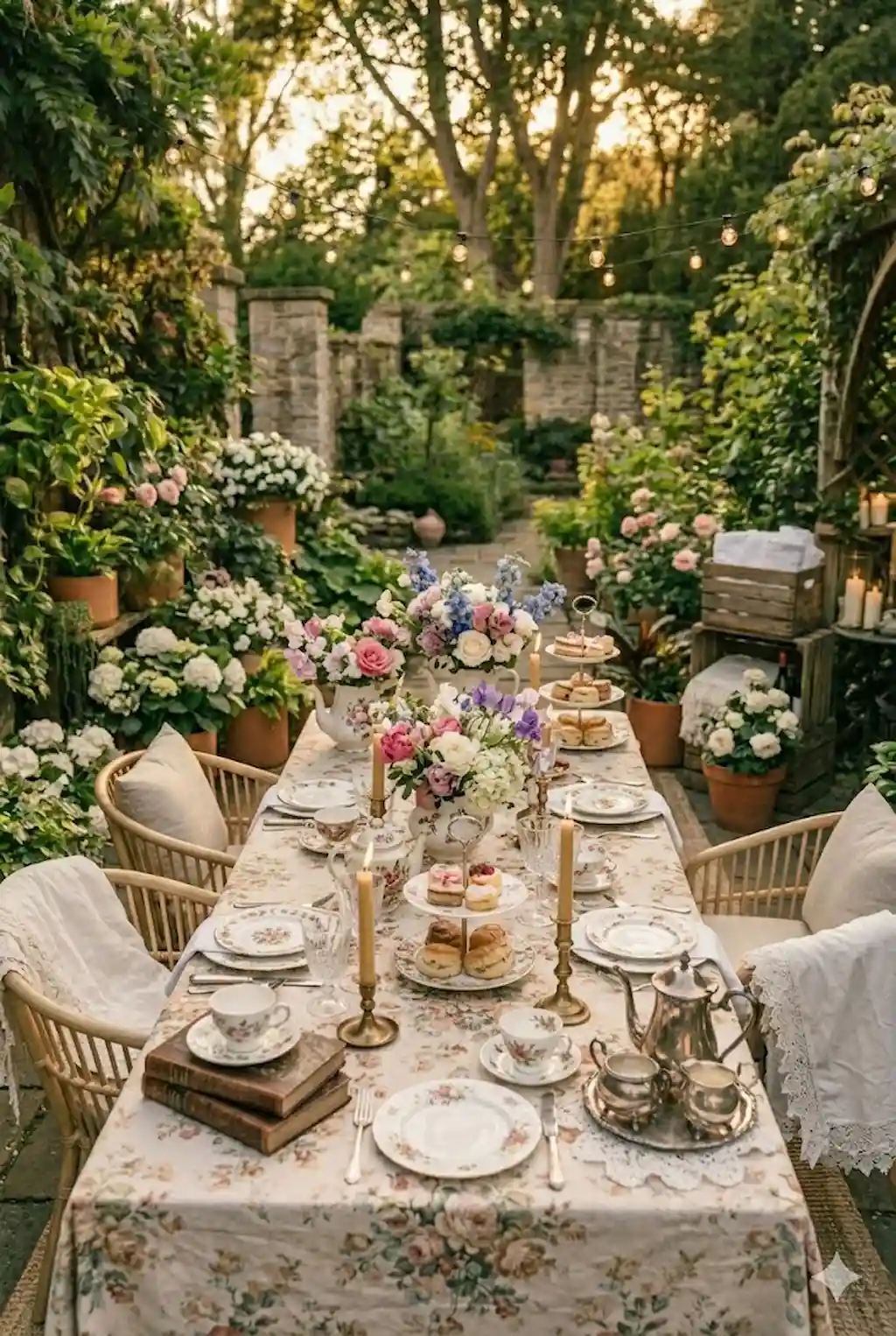 Charming vintage tea party setup in a beautiful garden
