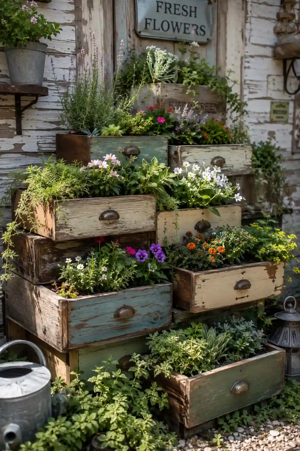Rustic wooden drawer planters filled with flowers and herbs in a cozy garden