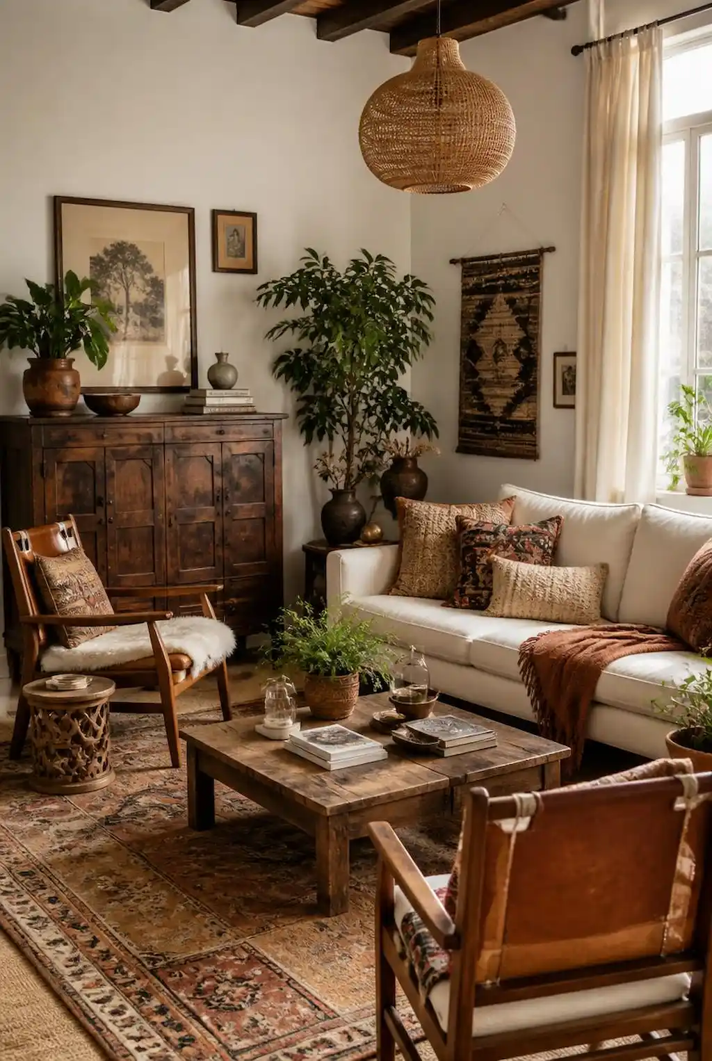 Stylish boho living room mixing vintage wood furniture with modern decor
