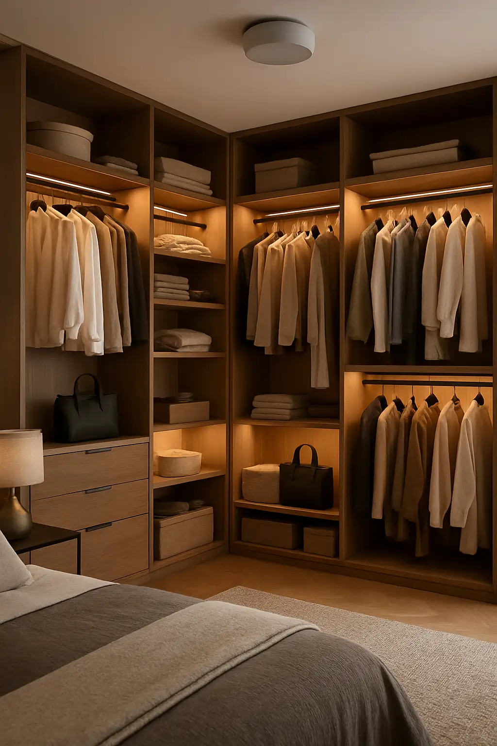 Small bedroom with open walk-in style wardrobe system