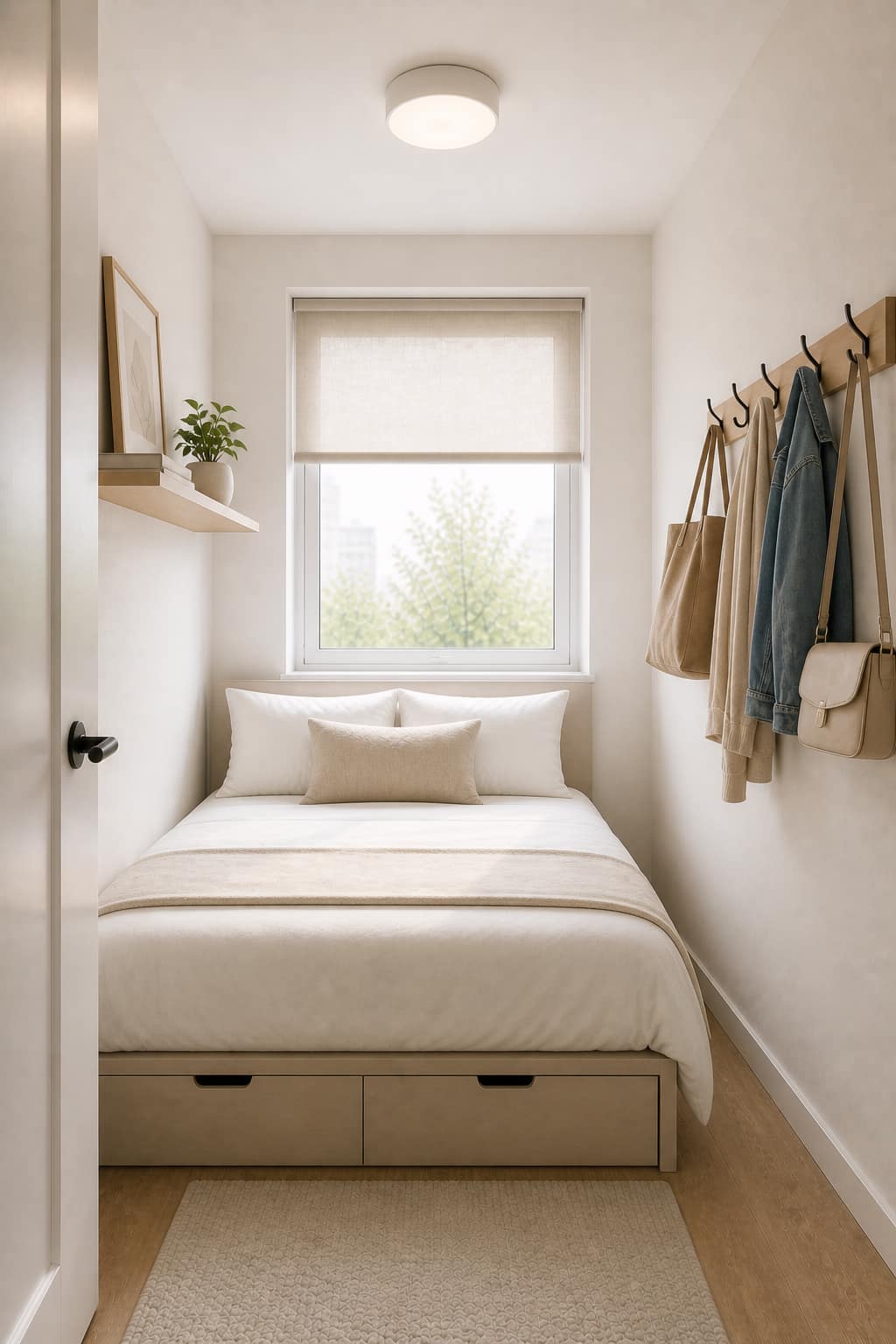 Small bedroom using wall hooks for storage