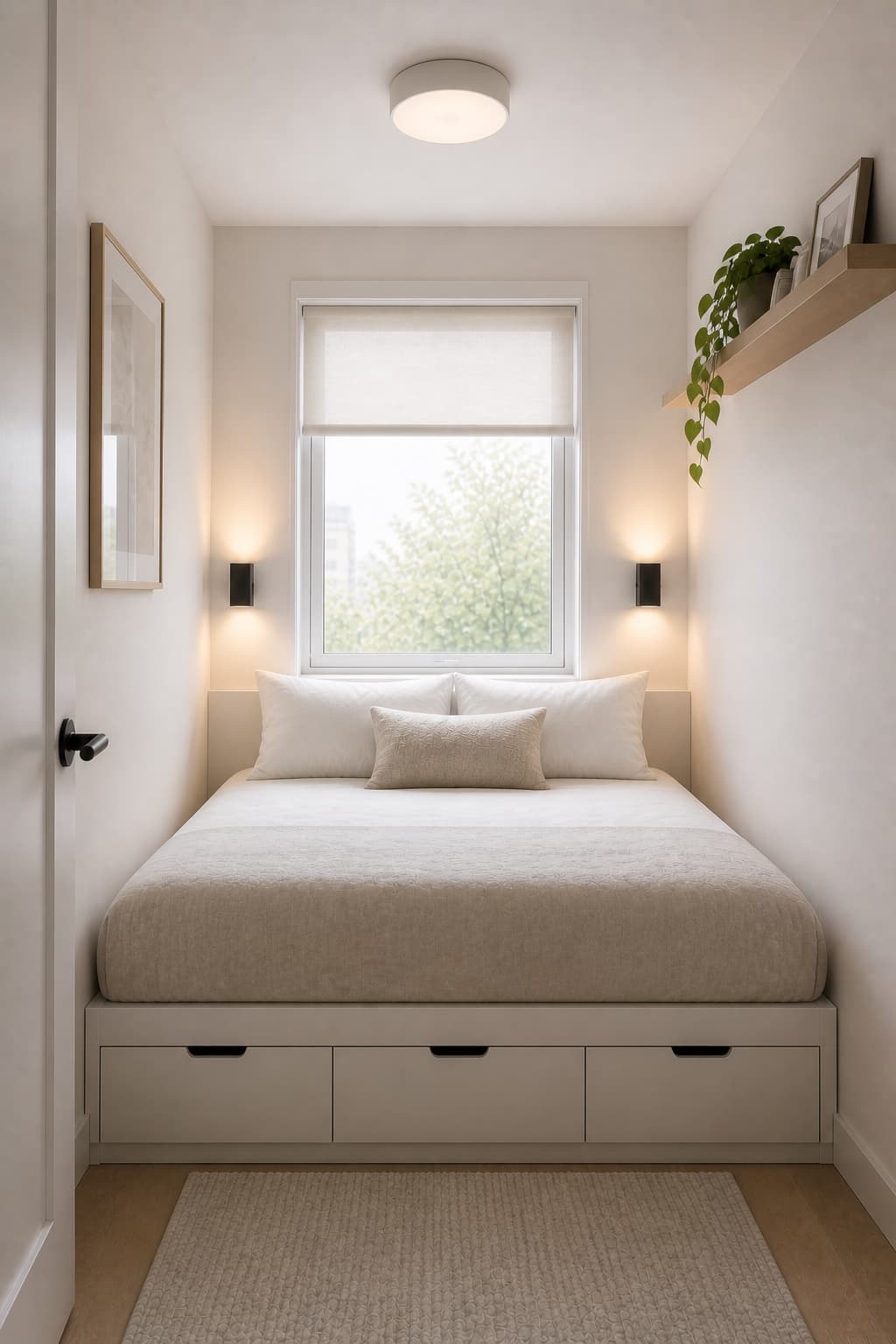 Small bedroom with wall-mounted lighting fixtures