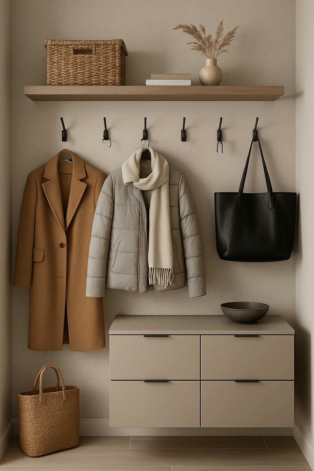 Small hallway with floating shelves and wall-mounted storage