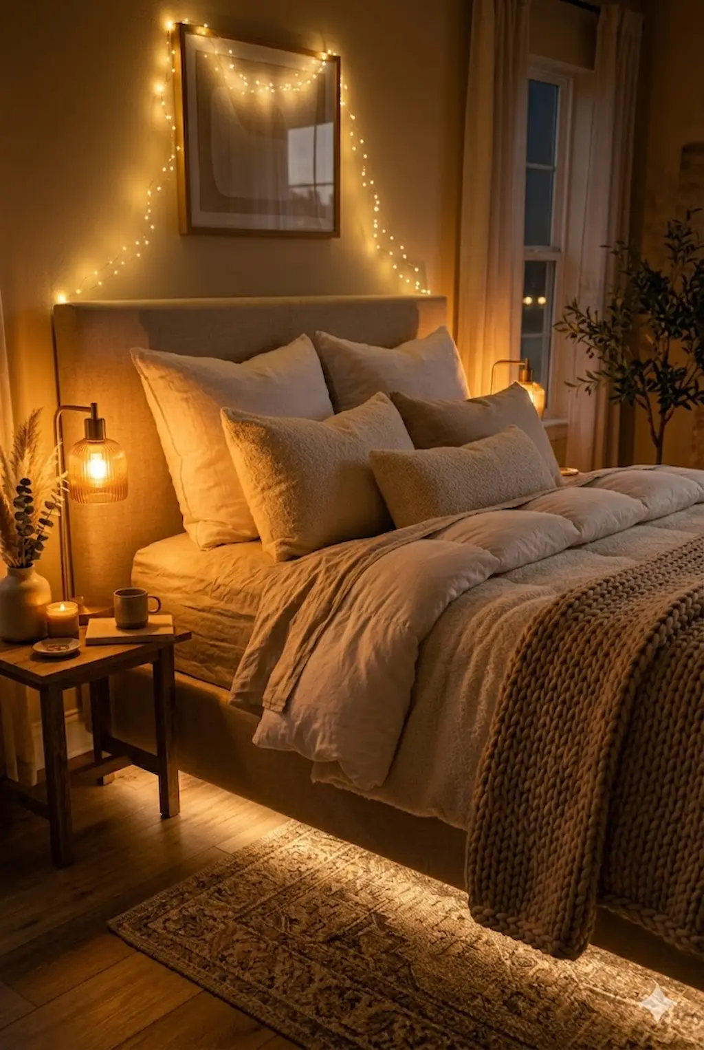 Cozy aesthetic bedroom with warm ambient lighting, fairy lights, and bedside lamps