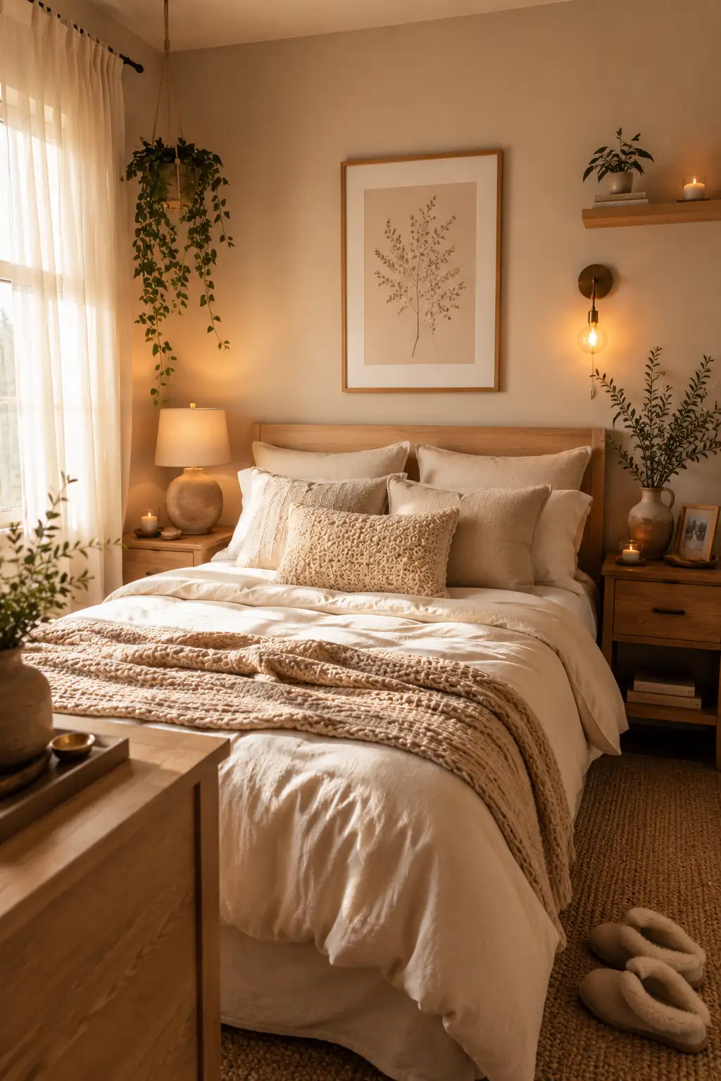 Cozy small bedroom with warm neutral tones, beige bedding, wooden furniture, and soft natural lighting