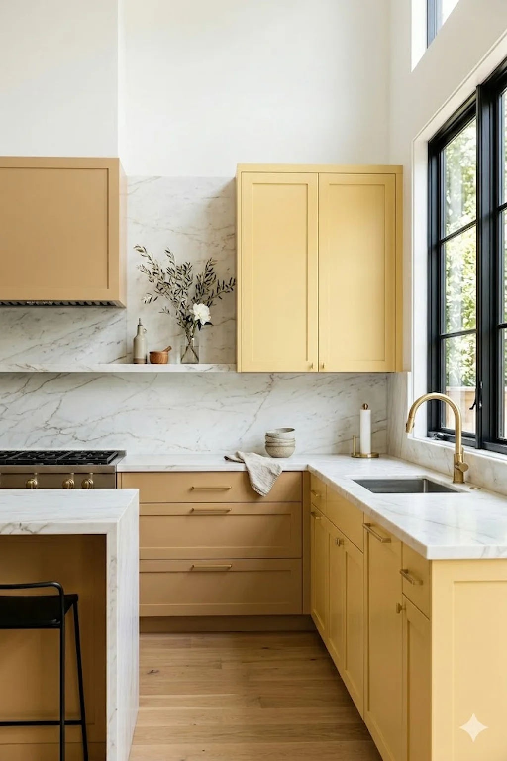 Minimalist kitchen featuring beige and yellow cabinets with natural materials and warm neutral tones