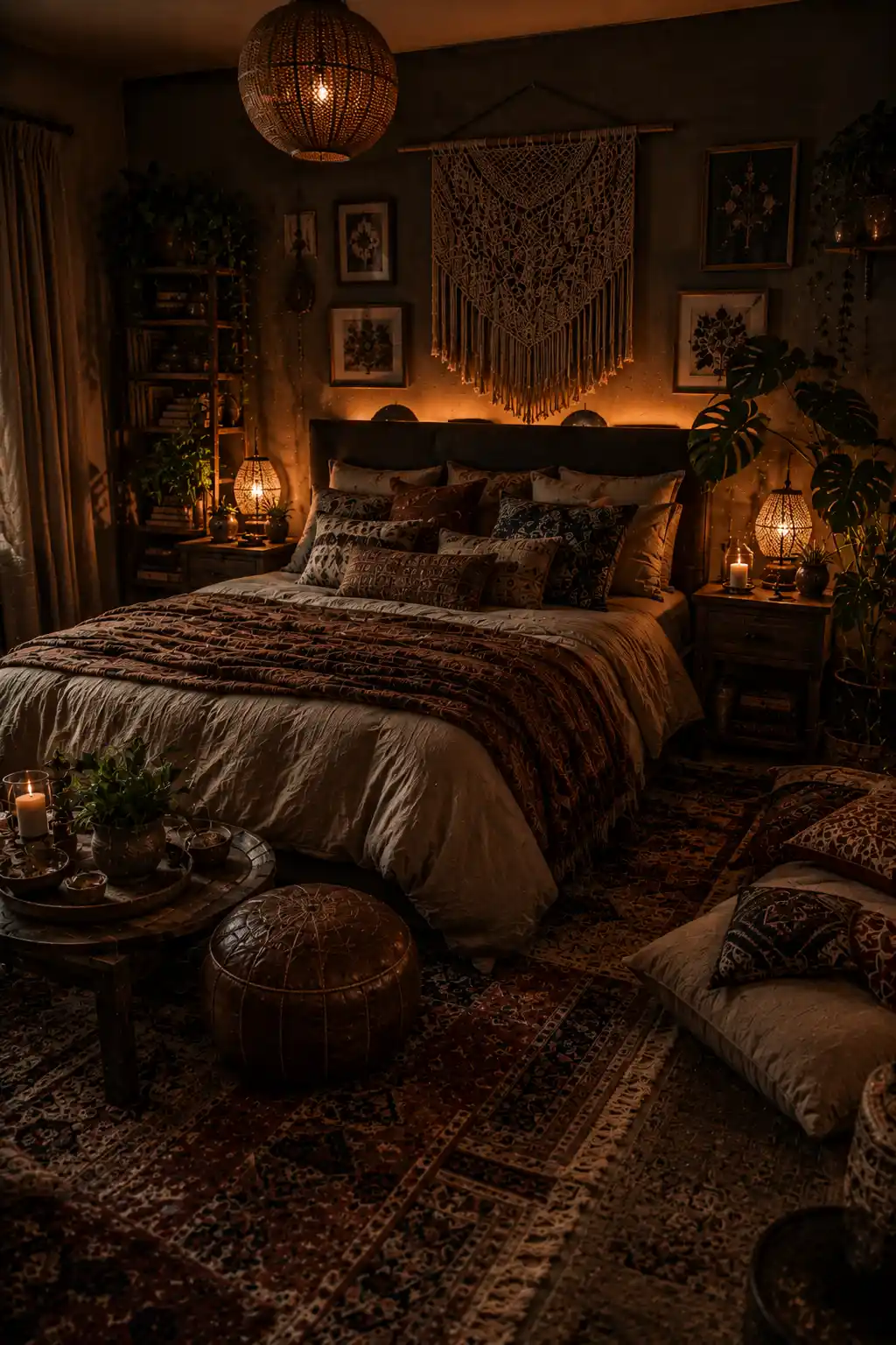 Boho bedroom with warm dim lighting and cozy ambiance