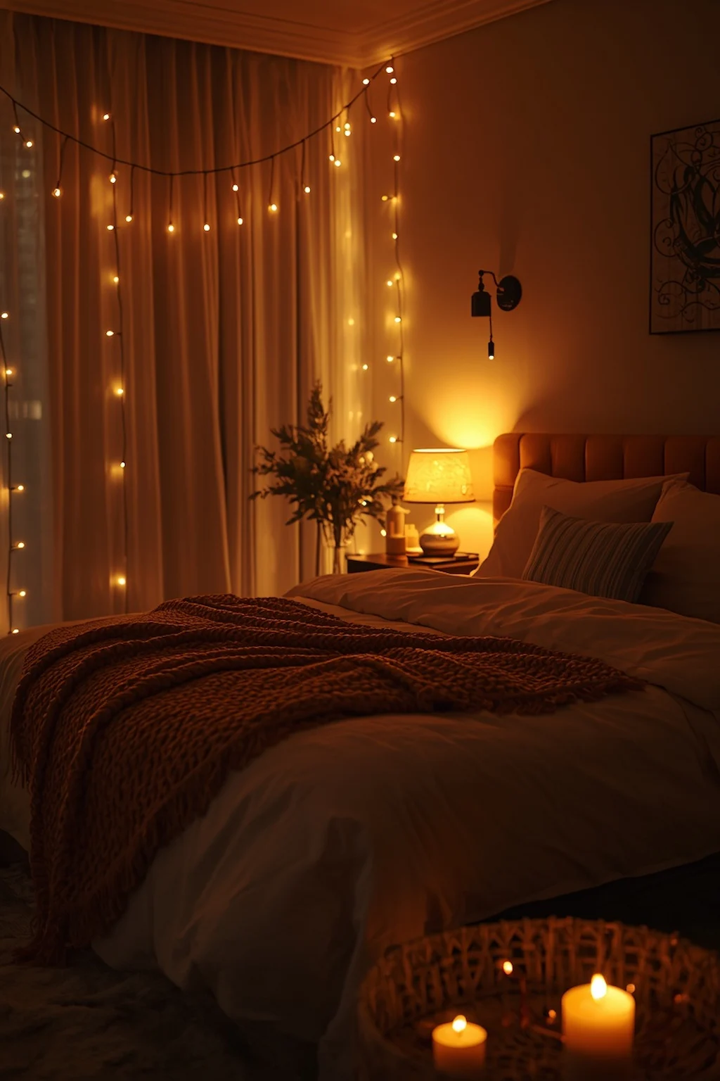 Cozy bedroom glowing with warm ambient lighting, string lights, and soft bedside lamps.