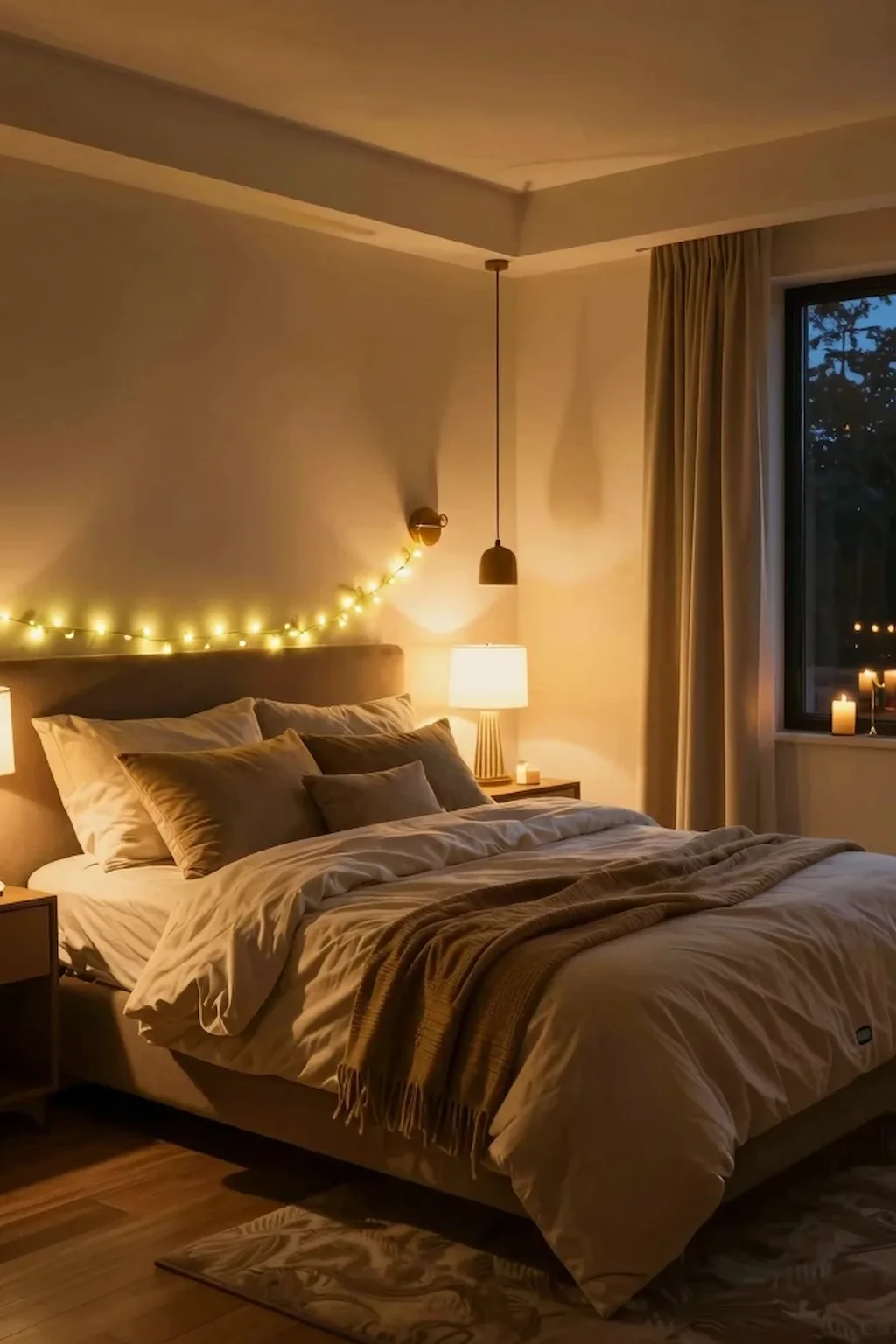 Cozy bedroom glowing with warm ambient lighting and soft decorative lights.