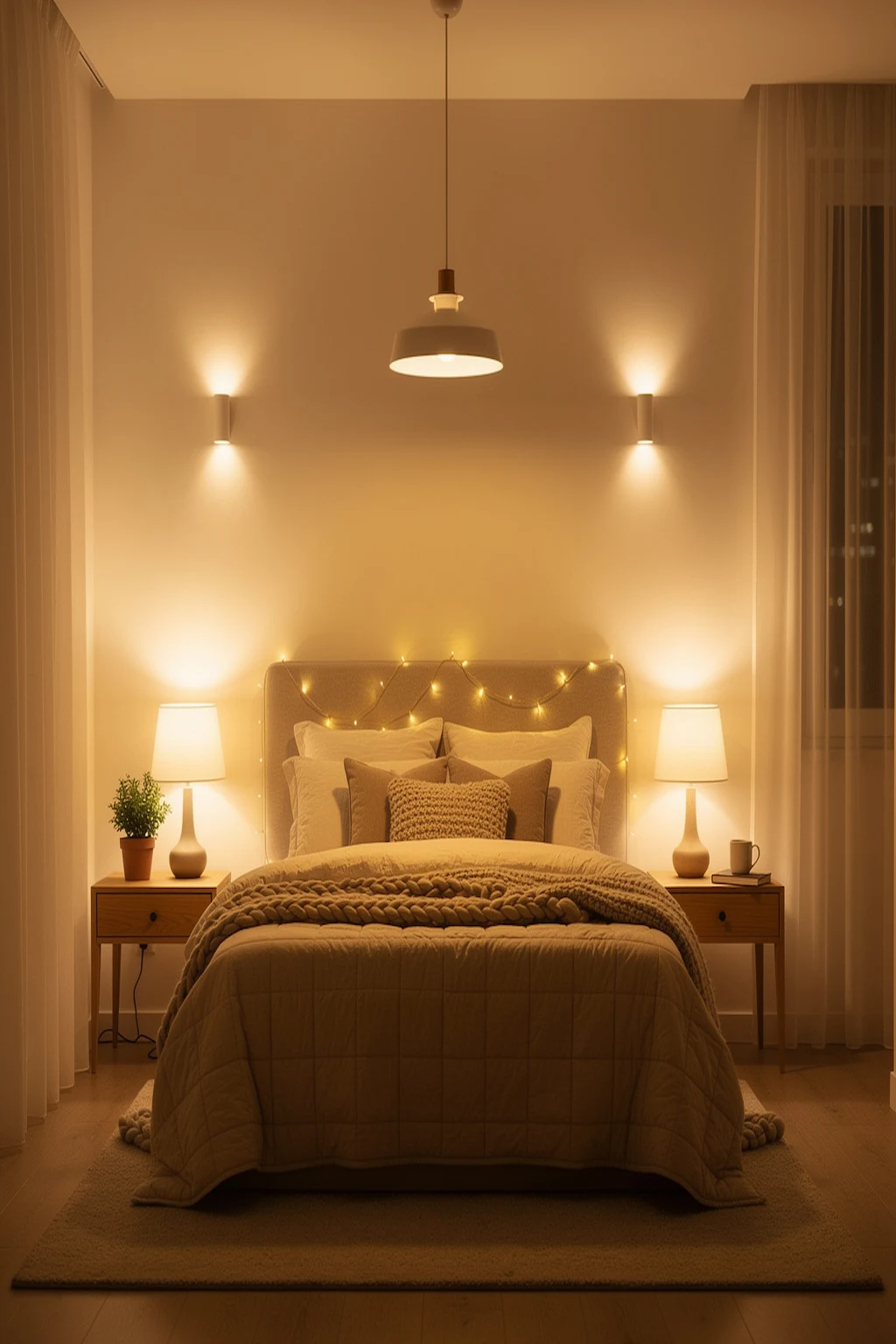 Cozy small bedroom glowing with warm ambient lighting and fairy lights.