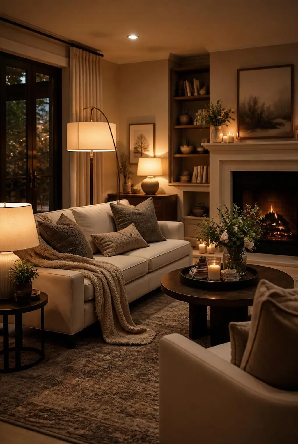 Cozy living room with warm ambient lighting, floor lamps, soft textures and modern neutral decor