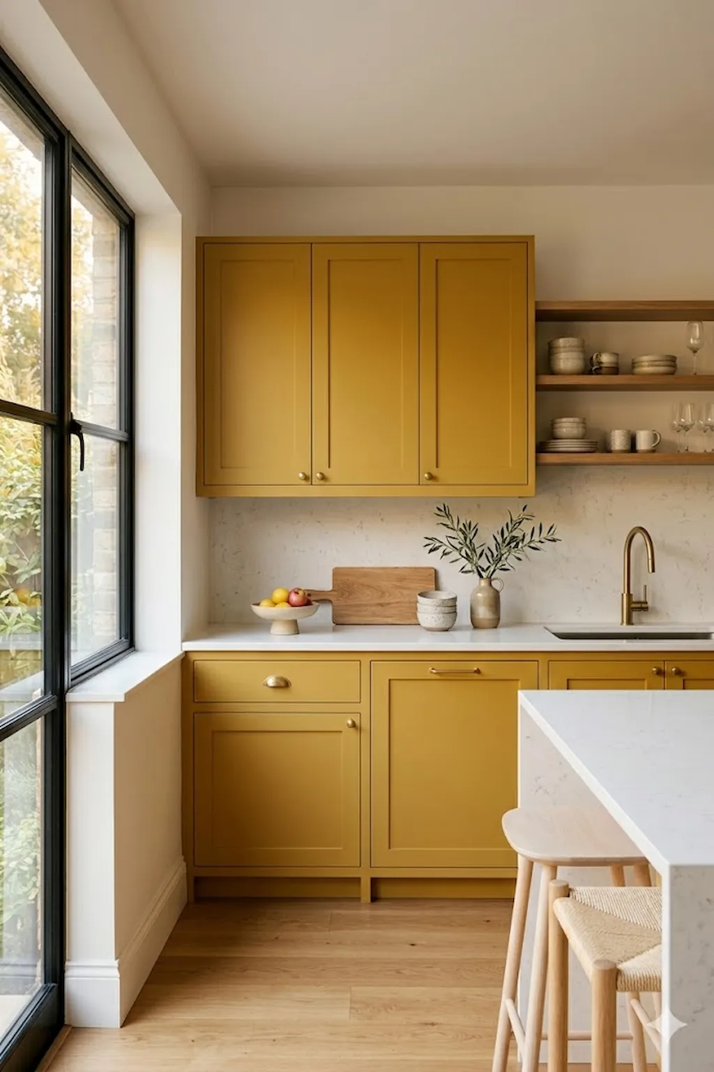 Minimalist mustard yellow kitchen cabinets paired with warm wood accents