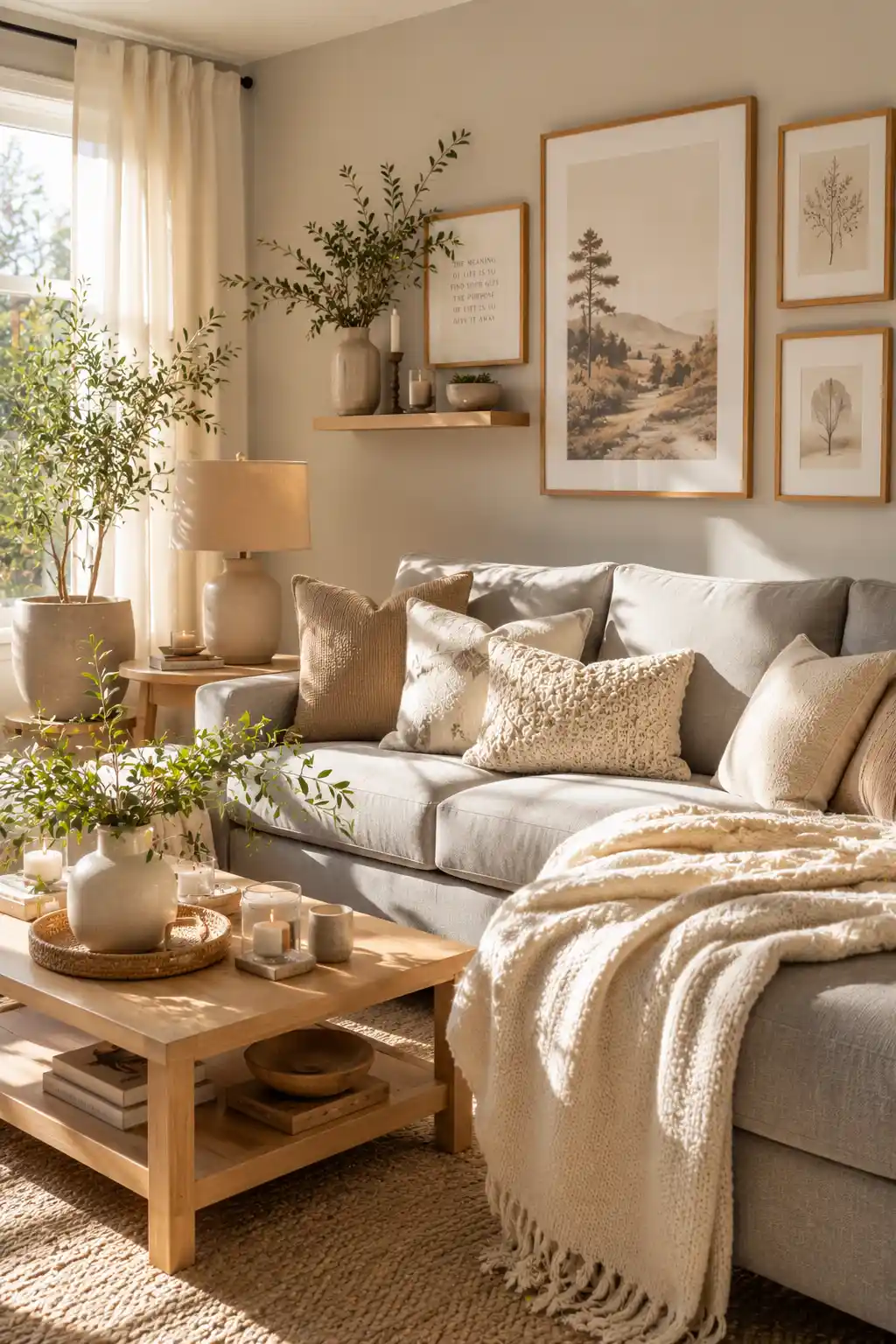 Grey sofa living room with warm neutral decor, cream pillows, and cozy layered textures.